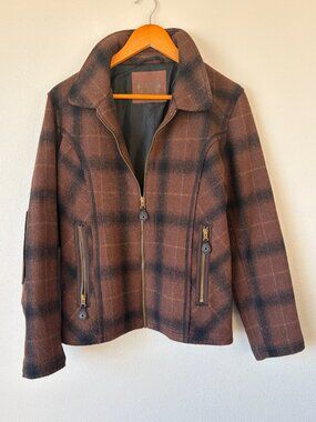 Ruff Hewn Brown Plaid Wool Blend Zip Jacket – Women's L